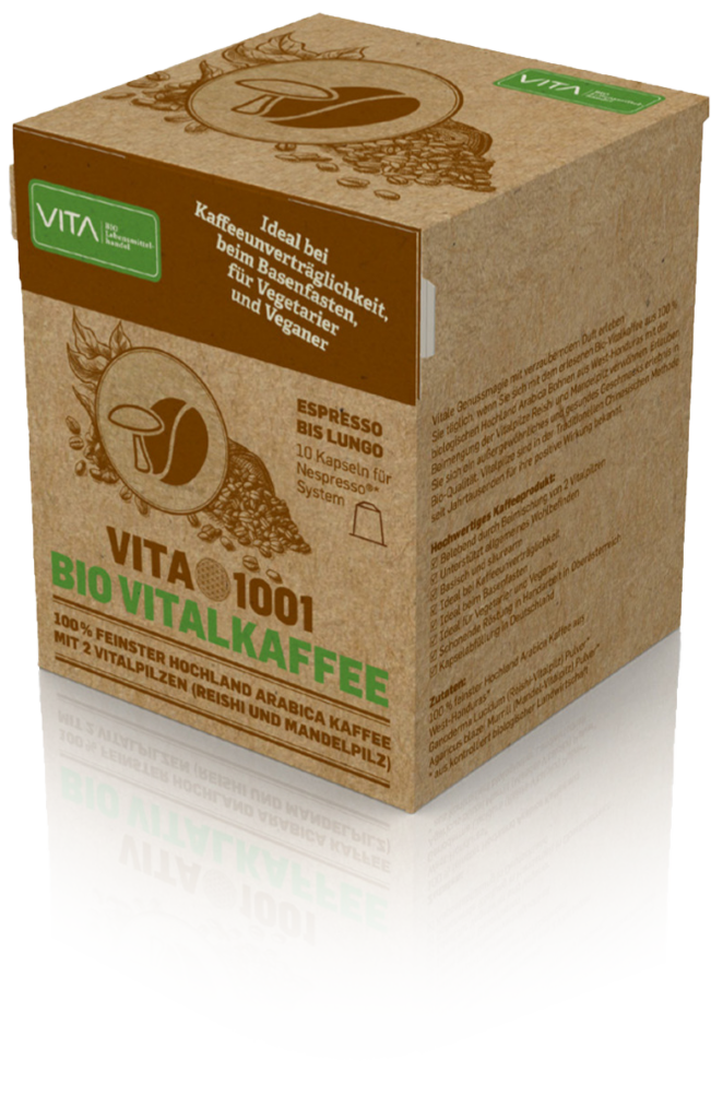 VITA1001-EK-10 - Bio Vitalkaffee (PREMIUM REISHI-Kaffee) | 100% feinster biologischer Hochland Arabica Kaffee mit einer Beimengung von 2 Vitalpilzen | Bio Röstkaffee gemahlen | Mischung | in einer 100% kompostierbaren Holzfaser Espresso-Kapsel (Nespresso kompatibel) | 10er ÖKO-Pack - Verpackungs-Vorderseite