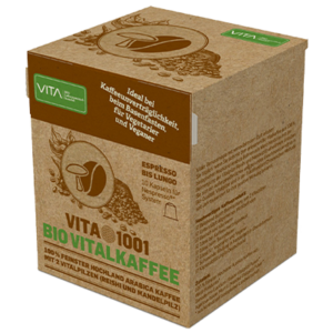 VITA1001-EK-10 - Bio Vitalkaffee (PREMIUM REISHI-Kaffee) | 100% feinster biologischer Hochland Arabica Kaffee mit einer Beimengung von 2 Vitalpilzen | Bio Röstkaffee | Mischung | in einer 100% kompostierbaren Holzfaser Espresso-Kapsel (Nespresso kompatibel) | 10er ÖKO-Pack - Verpackungs-Vorderseite