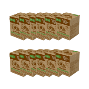 VITA1001-EK-10 - Bio Vitalkaffee (PREMIUM REISHI-Kaffee) | 100% feinster biologischer Hochland Arabica Kaffee mit einer Beimengung von 2 Vitalpilzen | Bio Röstkaffee gemahlen | Mischung | in einer 100% kompostierbaren Holzfaser Espresso-Kapsel (Nespresso kompatibel) | 10er ÖKO-Pack - Verpackungs-Vorderseite | 12er+1gratis-pack