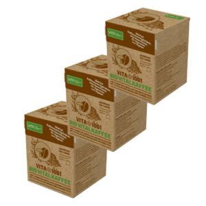 VITA1001-EK-10 - Bio Vitalkaffee (PREMIUM REISHI-Kaffee) | 100% feinster biologischer Hochland Arabica Kaffee mit einer Beimengung von 2 Vitalpilzen | Bio Röstkaffee gemahlen | Mischung | in einer 100% kompostierbaren Holzfaser Espresso-Kapsel (Nespresso kompatibel) | 10er ÖKO-Pack - Verpackungs-Vorderseite | | 3er-pack