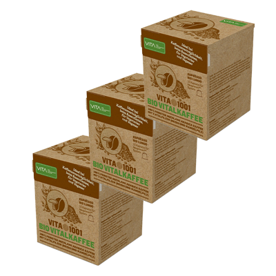 VITA1001-EK-10 - Bio Vitalkaffee (PREMIUM REISHI-Kaffee) | 100% feinster biologischer Hochland Arabica Kaffee mit einer Beimengung von 2 Vitalpilzen | Bio Röstkaffee gemahlen | Mischung | in einer 100% kompostierbaren Holzfaser Espresso-Kapsel (Nespresso kompatibel) | 10er ÖKO-Pack - Verpackungs-Vorderseite | | 3er-pack