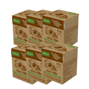 VITA1001-EK-10 - Bio Vitalkaffee (PREMIUM REISHI-Kaffee) | 100% feinster biologischer Hochland Arabica Kaffee mit einer Beimengung von 2 Vitalpilzen | Bio Röstkaffee gemahlen | Mischung | in einer 100% kompostierbaren Holzfaser Espresso-Kapsel (Nespresso kompatibel) | 10er ÖKO-Pack - Verpackungs-Vorderseite | 6er-pack