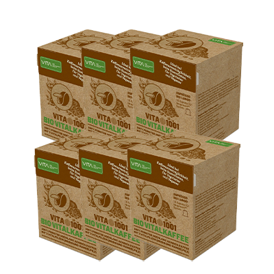 VITA1001-EK-10 - Bio Vitalkaffee (PREMIUM REISHI-Kaffee) | 100% feinster biologischer Hochland Arabica Kaffee mit einer Beimengung von 2 Vitalpilzen | Bio Röstkaffee gemahlen | Mischung | in einer 100% kompostierbaren Holzfaser Espresso-Kapsel (Nespresso kompatibel) | 10er ÖKO-Pack - Verpackungs-Vorderseite | 6er-pack