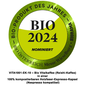 Das Magazin BIORAMA (Wien) nominiert den VITA1001-EK-10 – Bio Vitalkaffee (Reishi- Kaffee) in einer 100% kompostierbaren Holzfaser- Espresso-Kapsel (Nespresso kompatibel) für die Wahl des BIO-Produkt des Jahres 2024 im Rahmen der BIO-Österreich Messe Wieselburg. Der VITA1001-EK-10 – Bio Vitalkaffee (Reishi- Kaffee) hat es auf die Shortlist mit 19 potenzielle Bioprodukte des Jahres – Kategorie Beverages geschafft!