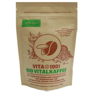 VITA1001 - Bio Vitalkaffee (PREMIUM REISHI-Kaffee) | 100% feinster biologischer Hochland Arabica Kaffee | Röstkaffee mit einer Beimengung von 2 Vitalpilzen (Reishi- und Mandelpilz) | gemahlen | 250g in einer ÖKO-Aroma-Schutzverpackung - Verpackungs-Vorderseite