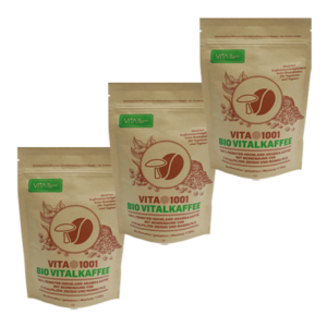 VITA1001 - Bio Vitalkaffee (PREMIUM REISHI-Kaffee) | 100% feinster biologischer Hochland Arabica Kaffee | Röstkaffee mit einer Beimengung von 2 Vitalpilzen (Reishi- und Mandelpilz) | gemahlen | 250g in einer ÖKO-Aroma-Schutzverpackung - Verpackungs-Vorderseite | 3er-pack