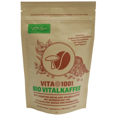 VITA1001 - Bio Vitalkaffee (PREMIUM REISHI-Kaffee) | 100% feinster biologischer Hochland Arabica Kaffee | Röstkaffee mit einer Beimengung von 2 Vitalpilzen (Reishi- und Mandelpilz) | gemahlen | 250g in einer ÖKO-Aroma-Schutzverpackung - Verpackungs-Vorderseite