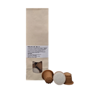 VITA1001-DC-EK-10 - Bio Vitalkaffee Entkoffeiniert/Decaf (PREMIUM REISHI-Kaffee) | 100% feinster biologischer Hochland Arabica Kaffee mit einer Beimengung von 2 Vitalpilzen | Bio Röstkaffee | Mischung | in einer 100% kompostierbaren Holzfaser Espresso-Kapsel (Nespresso kompatibel) | 10er ÖKO-Beutel - Verpackungs-Vorderseite