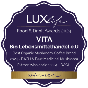 Das Magazin LUXlife (London/UK) nomiert VITA – Bio Lebensmittelhandel e.U. für den Food and Drink Awards 2024 im Juli 2024. Im Oktober 2024 gewinnt mein Einzelunternehmen den Food and Drink Awards 2024 und zwar in der Kategorie: Best Organic Mushroom Coffee Brand - D.A.CH. & Best Organic Medicinal Mushroom Extract Wholesaler 2024 - D.A.CH.
